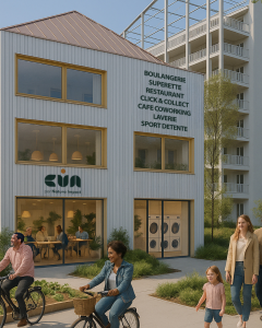 Résidence EVA à Bastide Niel à Bordeaux avec commerces en pied d’immeuble boulangerie superette restaurant cafe coworking lavoir et espaces partages